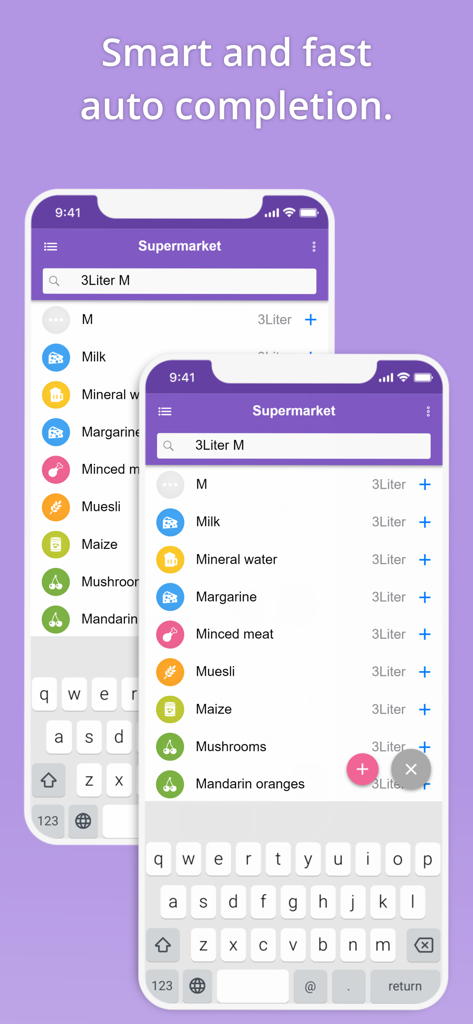 Interface of the grocery list app showing smart autocomplete suggestions for items like milk and mineral water