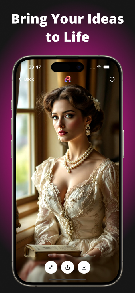 Artify: Art & Photo Generator - Interfaccia dell'app Artify su uno smartphone che mostra un ritratto realistico generato dall'AI di un'elegante donna con un abito vintage.