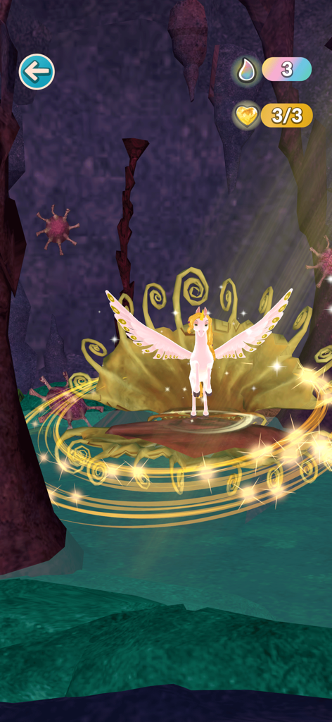 A pink winged unicorn standing in the magical Birth Grotto from the Mia and me game.