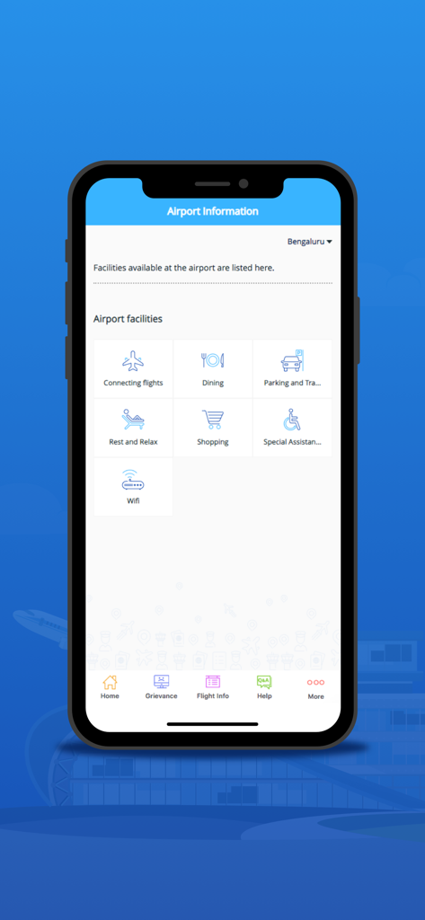 AirSewa - AirSewa mobile app screen showing airport facilities for Bengaluru
