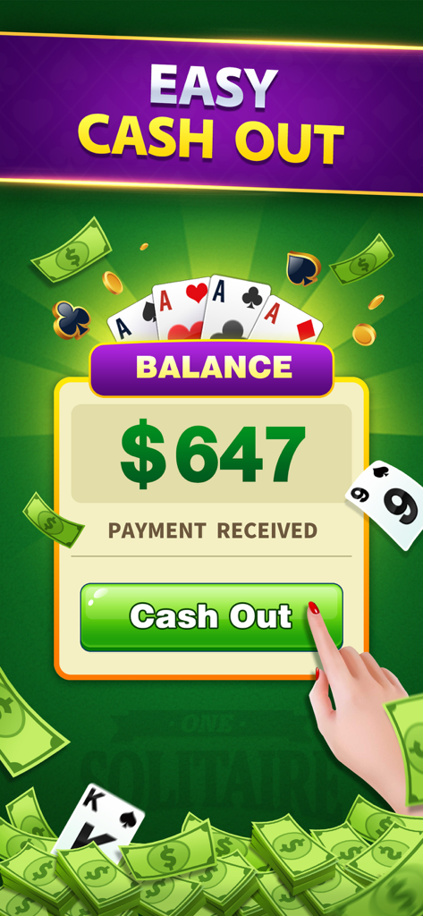 Solitaire Lucky Win Cash - Pantalla móvil mostrando un saldo de 647 dólares y un dedo presionando un botón verde de retiro en Solitaire Lucky Win Cash