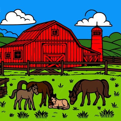 farm with horses in the pasture