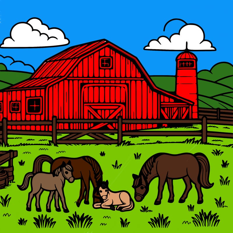 farm with horses in the pasture