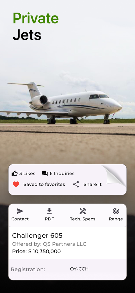 A detailed listing for a Challenger 605 private jet on the BuyPlane marketplace app showing price and technical specifications.