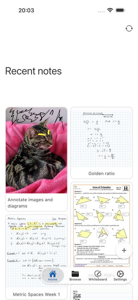 Saber: Handwritten Notes - The recent notes dashboard of the Saber app showing handwritten math notes and annotated diagrams.
