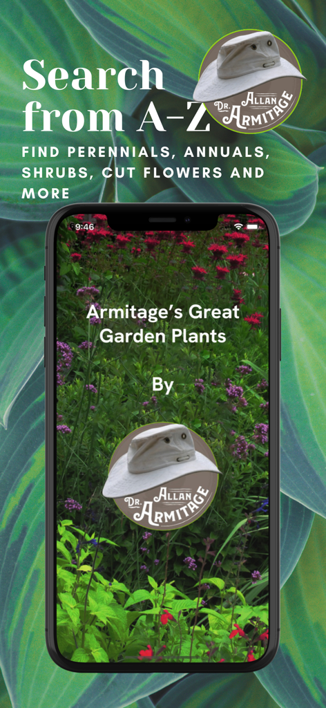Armitage’s Great Garden Plants - Armitage Great Garden Plants app home screen showing search from A to Z for perennials and annuals