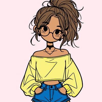 girl with a messy ponytail glasses a baggy crop top and jean shorts