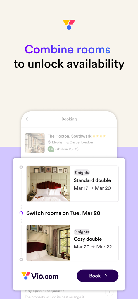 Vio app screen showing how to combine different hotel rooms to unlock availability