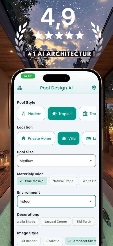 AI Pool Design: Landscape AI - Interfaz de la aplicación AI Pool Design mostrando opciones de personalización para el estilo de la piscina, material y entorno