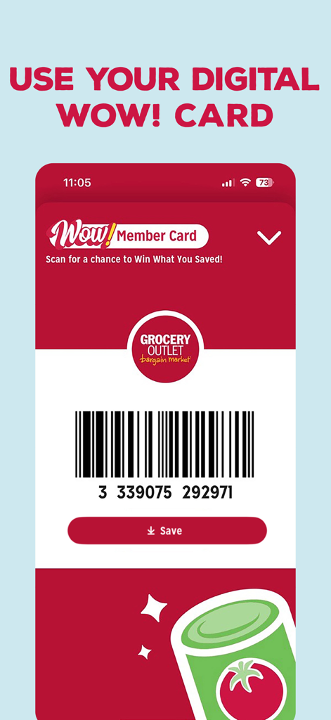 Grocery Outlet Bargain Market - Screenshot of the Grocery Outlet app showing a digital WOW Member Card with a barcode for store checkout.
