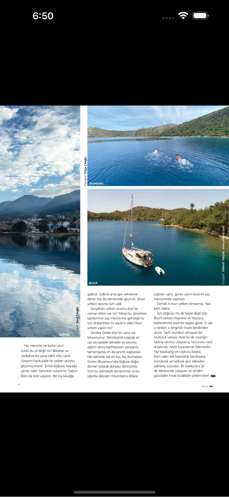 Naviga Magazine - Digital magazine page featuring scenic photos of sailboats and coastal Mediterranean bays