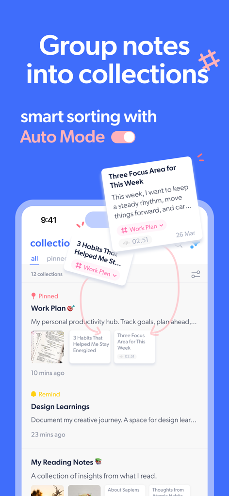 Mumble Note: AI Note Taker - Interfaz de la aplicación Mumble Note mostrando notas agrupadas automáticamente en colecciones mediante clasificación inteligente de IA.