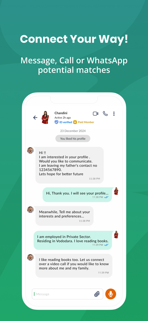GujaratiMatrimony - Shaadi App - Chat interface of the GujaratiMatrimony app showing a conversation between two users