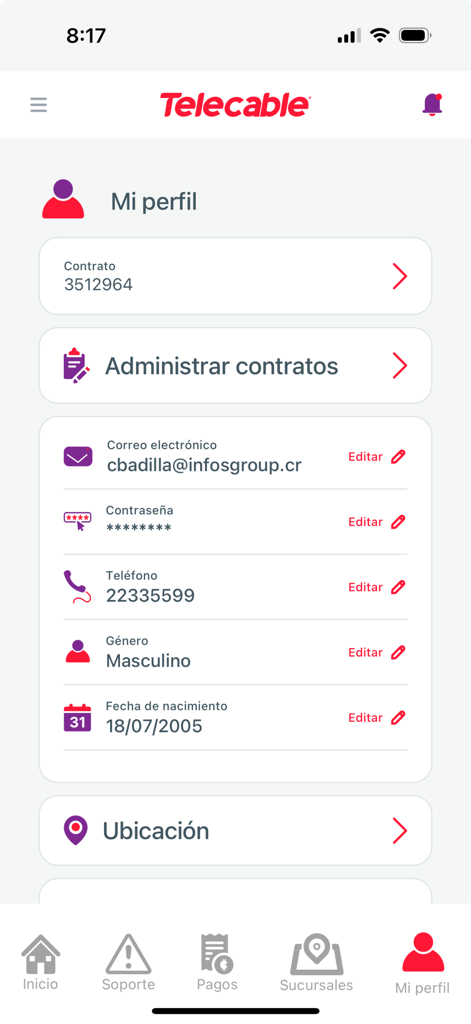 La sección de perfil de la aplicación móvil de Telecable que muestra información personal de la cuenta.