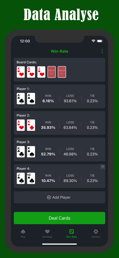Interface de l'application mobile affichant les calculs de taux de gains au poker et l'analyse des mains du joueur
