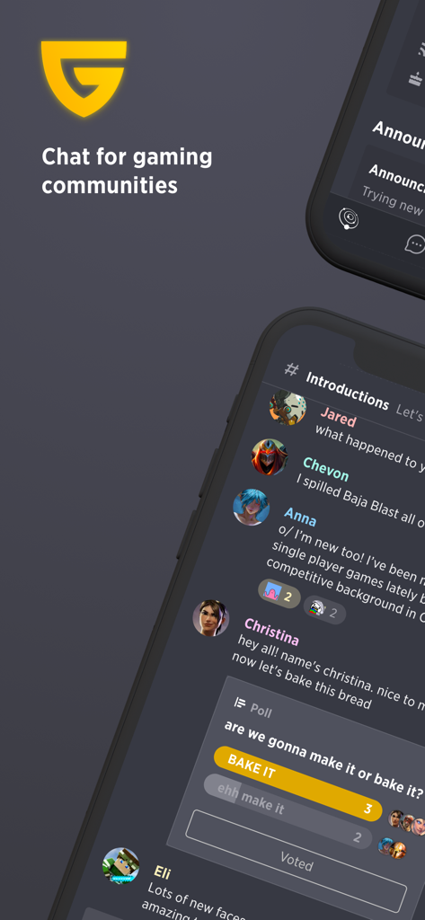 Guilded - community chat - Guilded mobile app interface featuring a gaming community chat with a poll and user introductions
