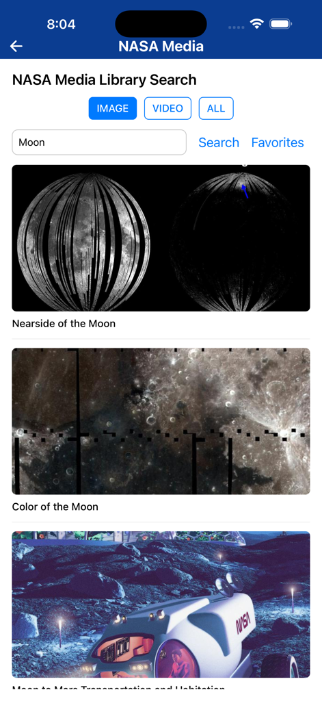 mySpaceHub - NASA media library search screen in the mySpaceHub app showing image results for Moon including geological maps and mission concepts