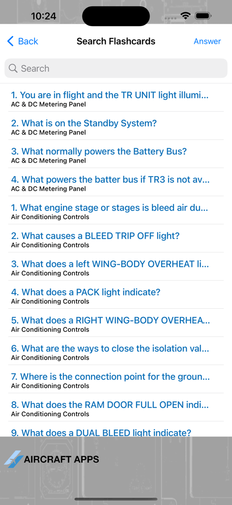 iBOEING B-737 Aircraft Apps - A searchable list of technical flashcards for Boeing 737 systems training.