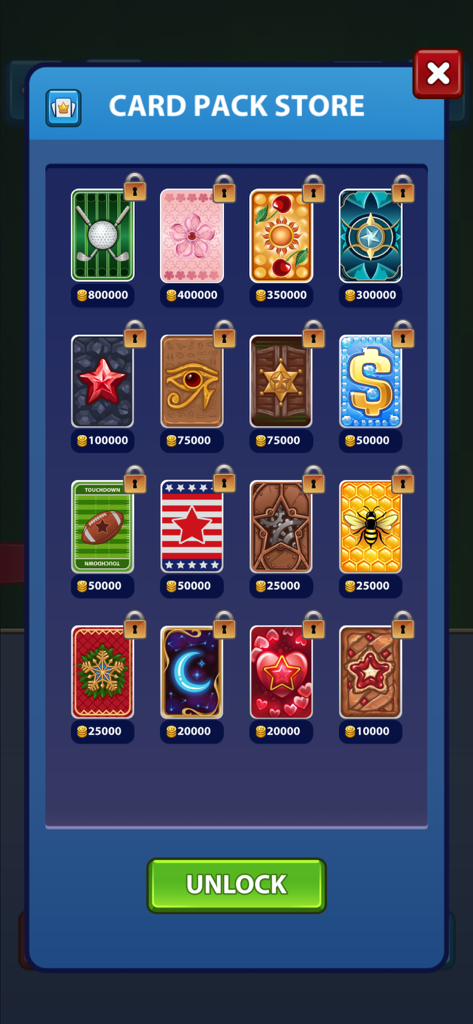 Golf Card Game Classic - Golf Card Game Classic menu showing various unlockable card back designs in the store