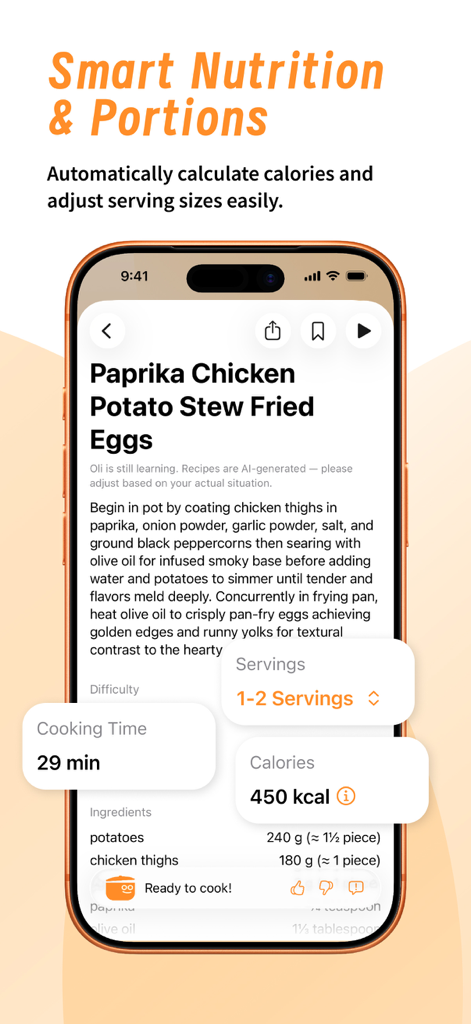 Cookidea app interface showing a chicken stew recipe with automatic calorie calculation and adjustable serving sizes