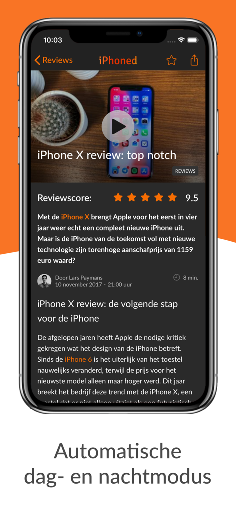 IP - iPhonedアプリのインターフェース。ダークモードが有効になったiPhone Xのレビューを表示しています