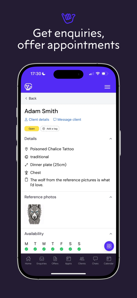 Tattoo artist dashboard showing client enquiry and reference photo in Get Ink app.