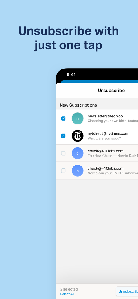 Interface for unsubscribing from newsletters in one tap