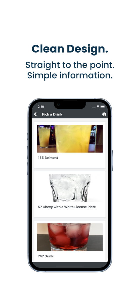 Cocktail Book - Smartphone, das die Benutzeroberfläche der Cocktail Buch App mit einer Liste von Cocktail-Rezepten unter der Überschrift Clean Design anzeigt