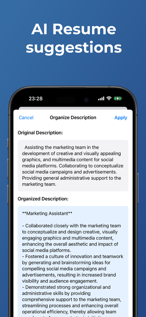Resume Creator & Cover Letter - Oberfläche einer mobilen App, die KI-gestützte Vorschläge für die Umschreibung einer Stellenbeschreibung für Marketingassistenten zeigt