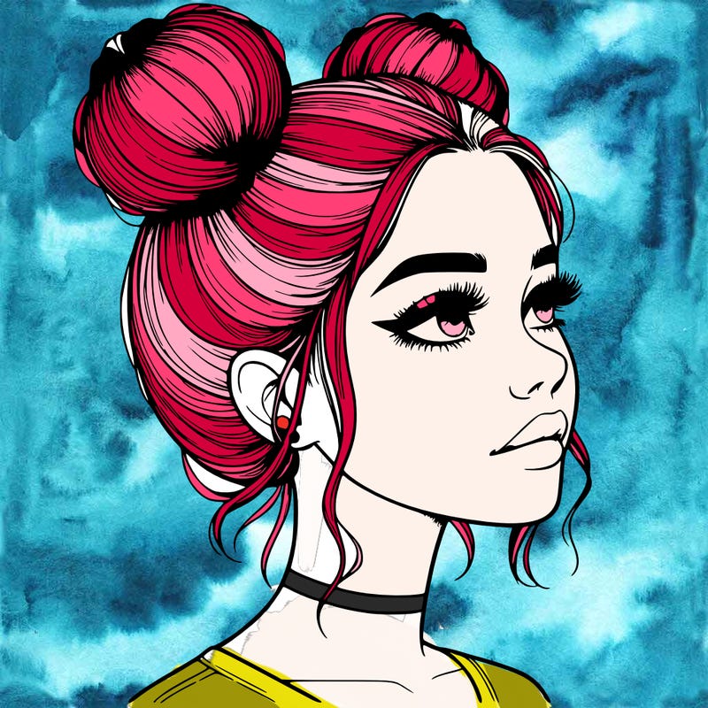 realistic girl with buns on the top of her head