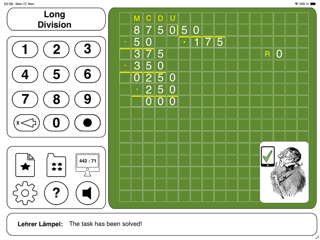 Captura de pantalla de iPad que muestra un problema de división larga completado en una cuadrícula digital verde con un personaje de maestro brindando retroalimentación positiva