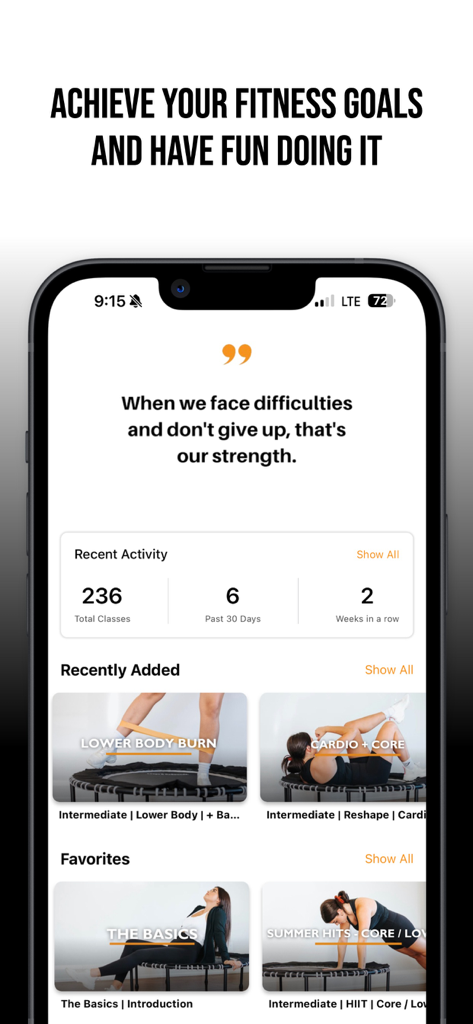 El panel de la aplicación Bounce N Burn mostrando estadísticas de actividad física y varias categorías de ejercicios de rebote en un smartphone.