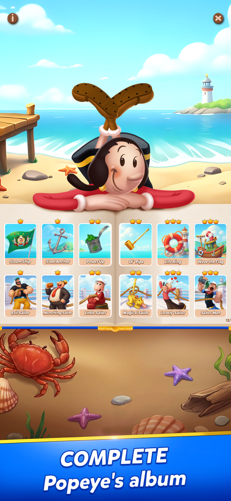 Solitaire Grand Harvest Popeye themed sticker album featuring Olive Oyl on a beach