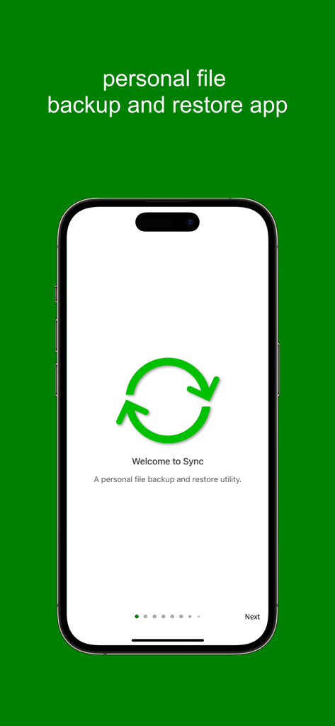 Pantalla de bienvenida de la aplicación Sync que muestra el logo de Sync y la descripción de su utilidad de copia de seguridad y restauración de archivos.