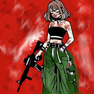 a dangerous girlcrop top and baggy jeans with a rifle in her hand