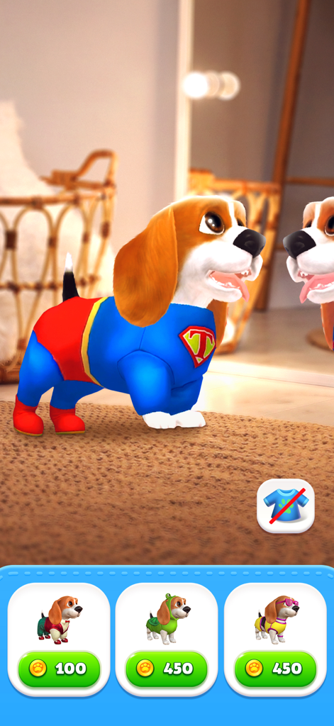 A virtual beagle puppy wearing a blue and red superhero costume in a dress up game menu.