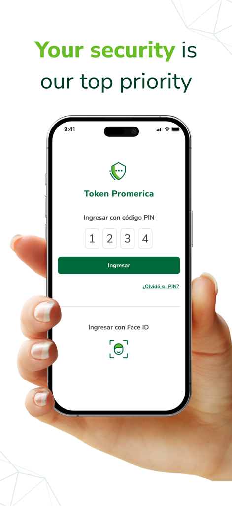 Promerica Móvil - Pantalla de inicio de sesión de la aplicación Promerica Movil mostrando funciones de seguridad como PIN y Face ID