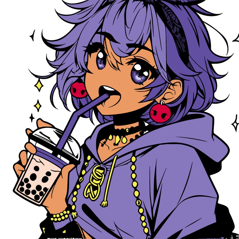 hot baddie anime girl drinking boba and biting the straw