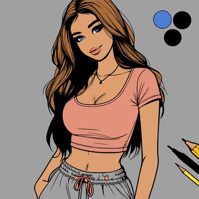 beautiful girl cropped tshirt and sweatpants realistic