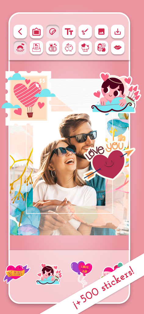Love photo frames to edit - Interface of the love photo editor app showing a couple photo decorated with romantic stickers and frames.