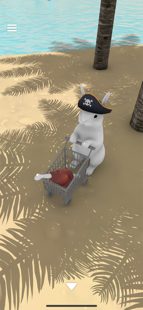 Un lindo conejo blanco con un sombrero de pirata empujando un pequeño carrito de compras en una playa tropical