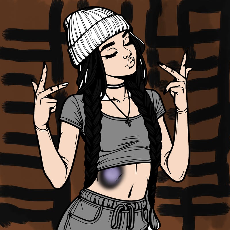 realistic teenage girl with braids and a beanie and crop top doing 🫶🏼