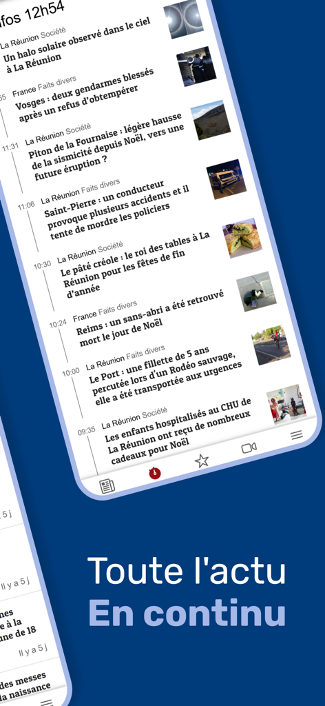 Pantalla de teléfono inteligente que muestra el feed de noticias continuo de la aplicación Linfo con titulares sobre la isla de La Reunión.