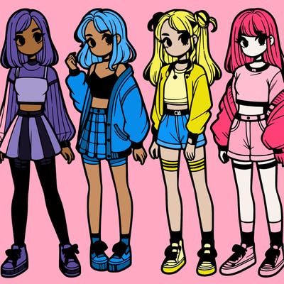 one girl with crop-top shirt and a jacket with a skirt, long socks and another girl with a shirt and pants with a jacket