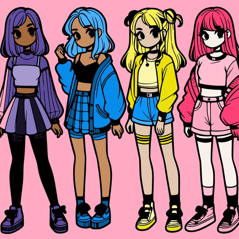 one girl with crop-top shirt and a jacket with a skirt, long socks and another girl with a shirt and pants with a jacket