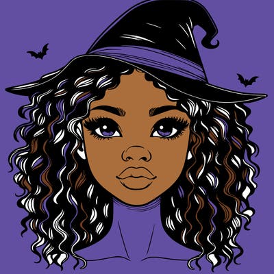 realistic black girl with wavy hair and witch hat and nose and lips