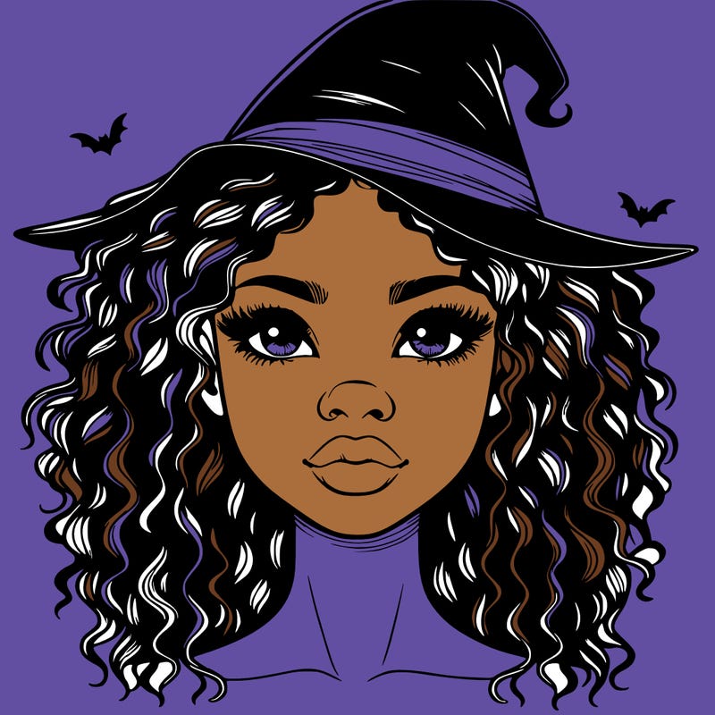 realistic black girl with wavy hair and witch hat and nose and lips