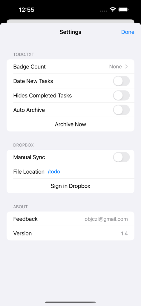 TodoTxt++ - Settings screen of the TodoTxt plus plus app showing task management and Dropbox sync options