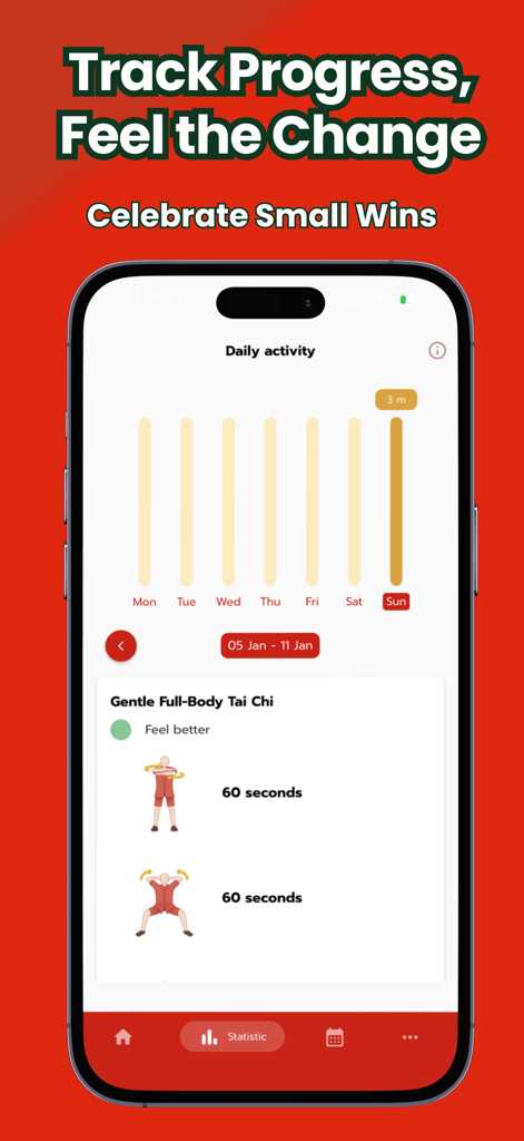 Tai Chi for Beginners Daily - Captura de pantalla de la aplicación Tai Chi que muestra un gráfico de progreso de actividad diaria y rutinas de ejercicios para principiantes.
