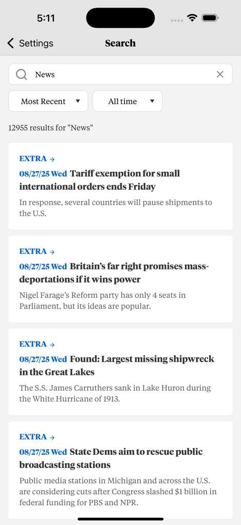 Grand Rapids Press - Search results page in the Grand Rapids Press app showing a list of news headlines and dates.